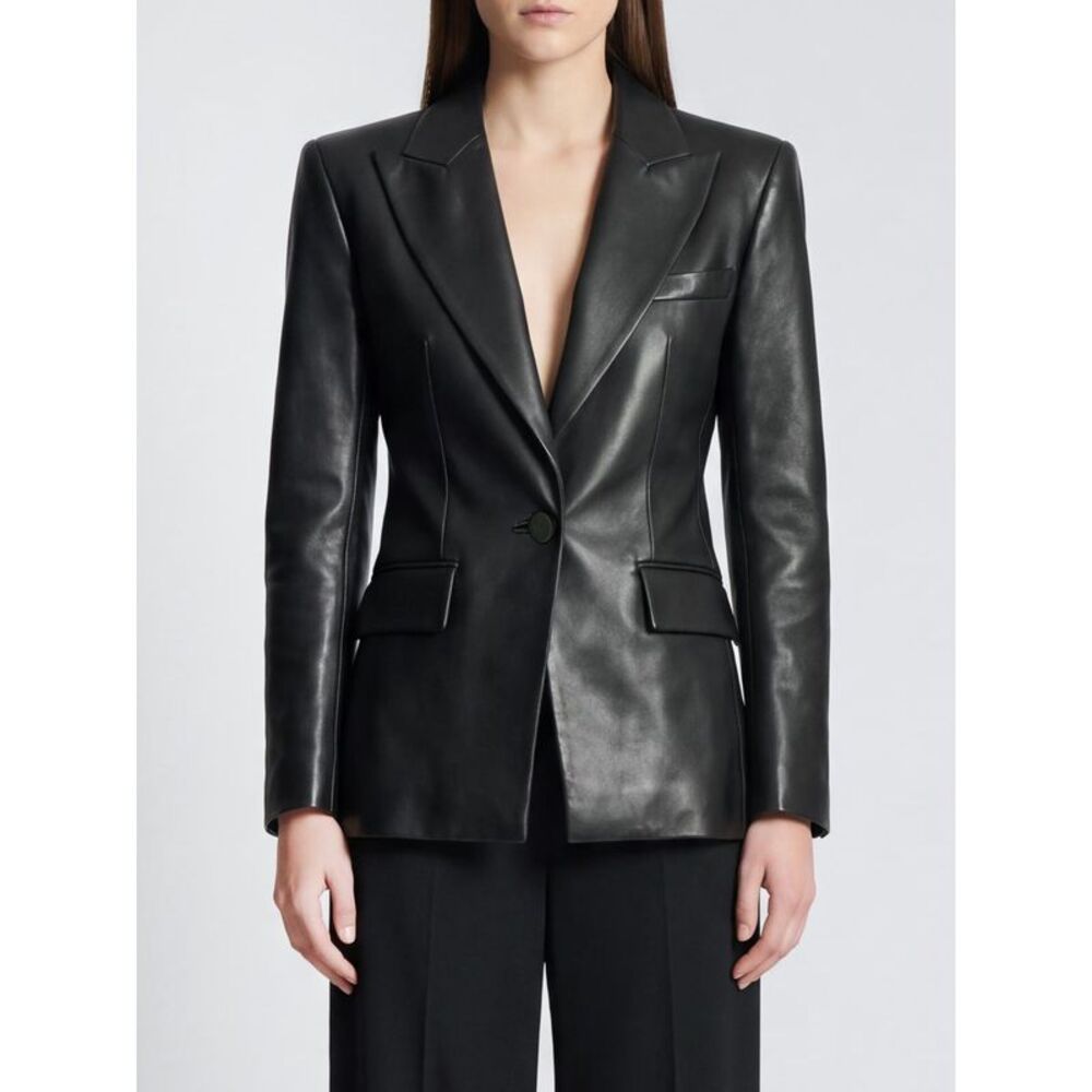 Balmain Women Balmain Slim Fit Cropped Lambskin Leather Blazer With Peak Lapels